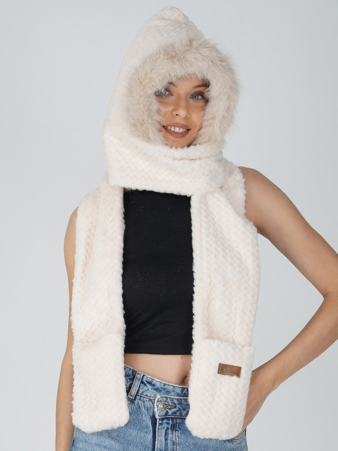 TOMKOT Women Woollen Hoodie Hat Scarf Gloves Set