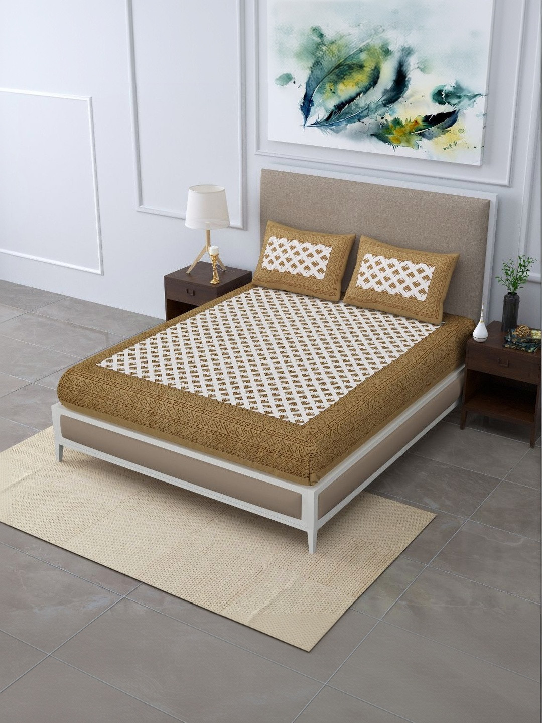 MILAAV Brown Geometric 144 TC King Bedsheet with 2 Pillow Covers