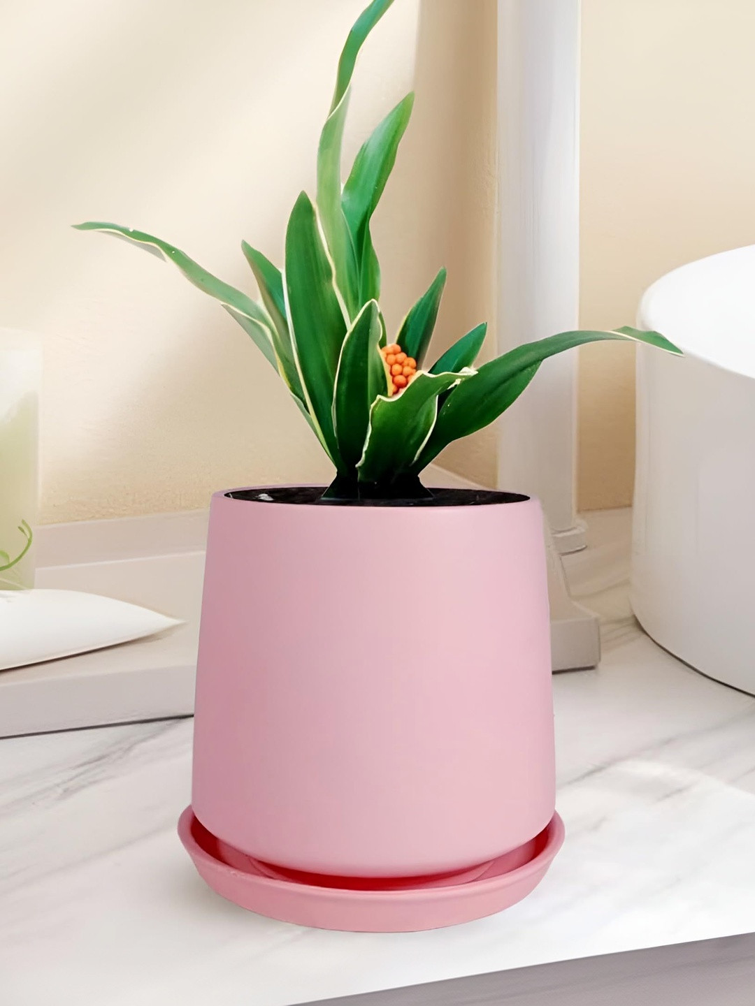 LASAKI Clara Pink Ceramic Handmade Planter With Plate