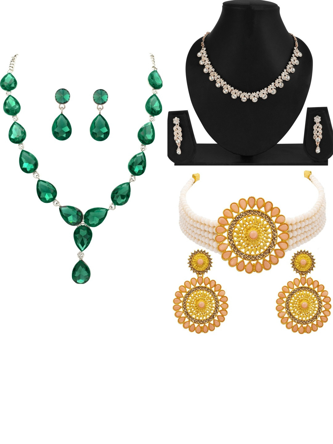 Women Click Set Of 3 Stone-Studded & Necklace & Earrings Set