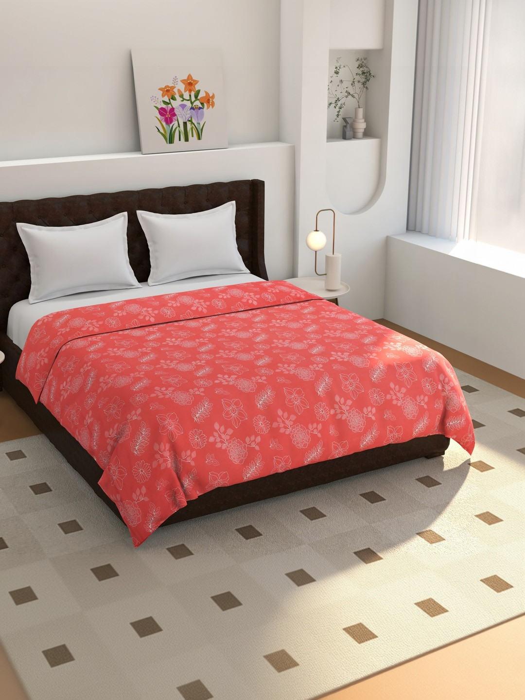 KIDS WONDERS Peach-Coloured Floral 160 TC Single Bedsheet with 2 Pillow Covers