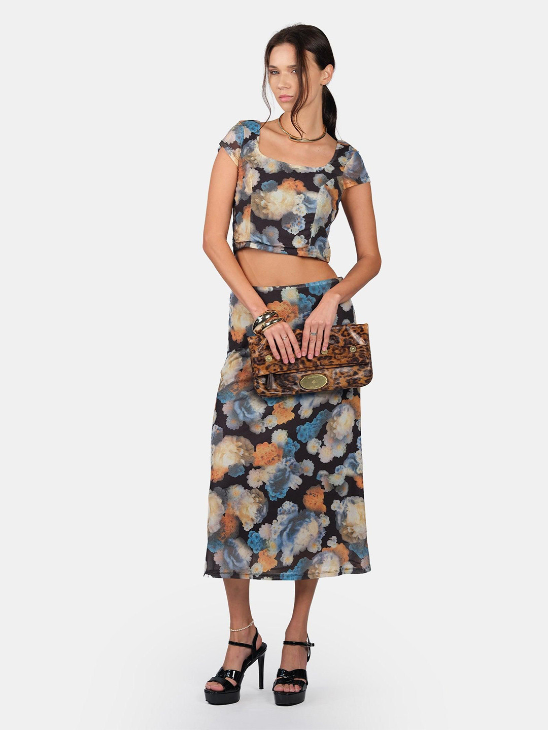 Virgio Women Mesh Abstract Polyester Midi Straight Skirts