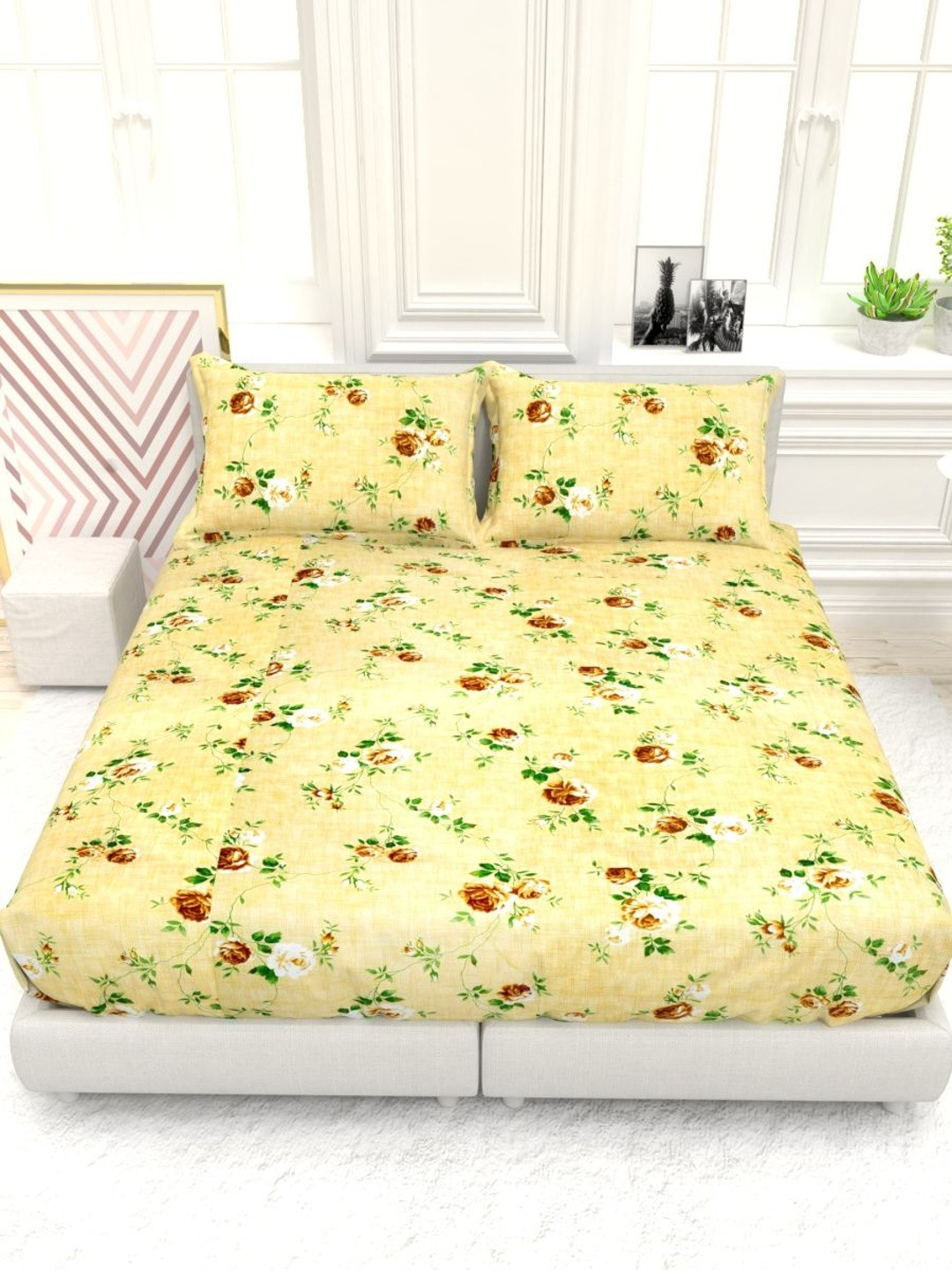 THE WHITE MOSS Yellow Floral 220 TC Queen Bedsheet with 2 Pillow Covers
