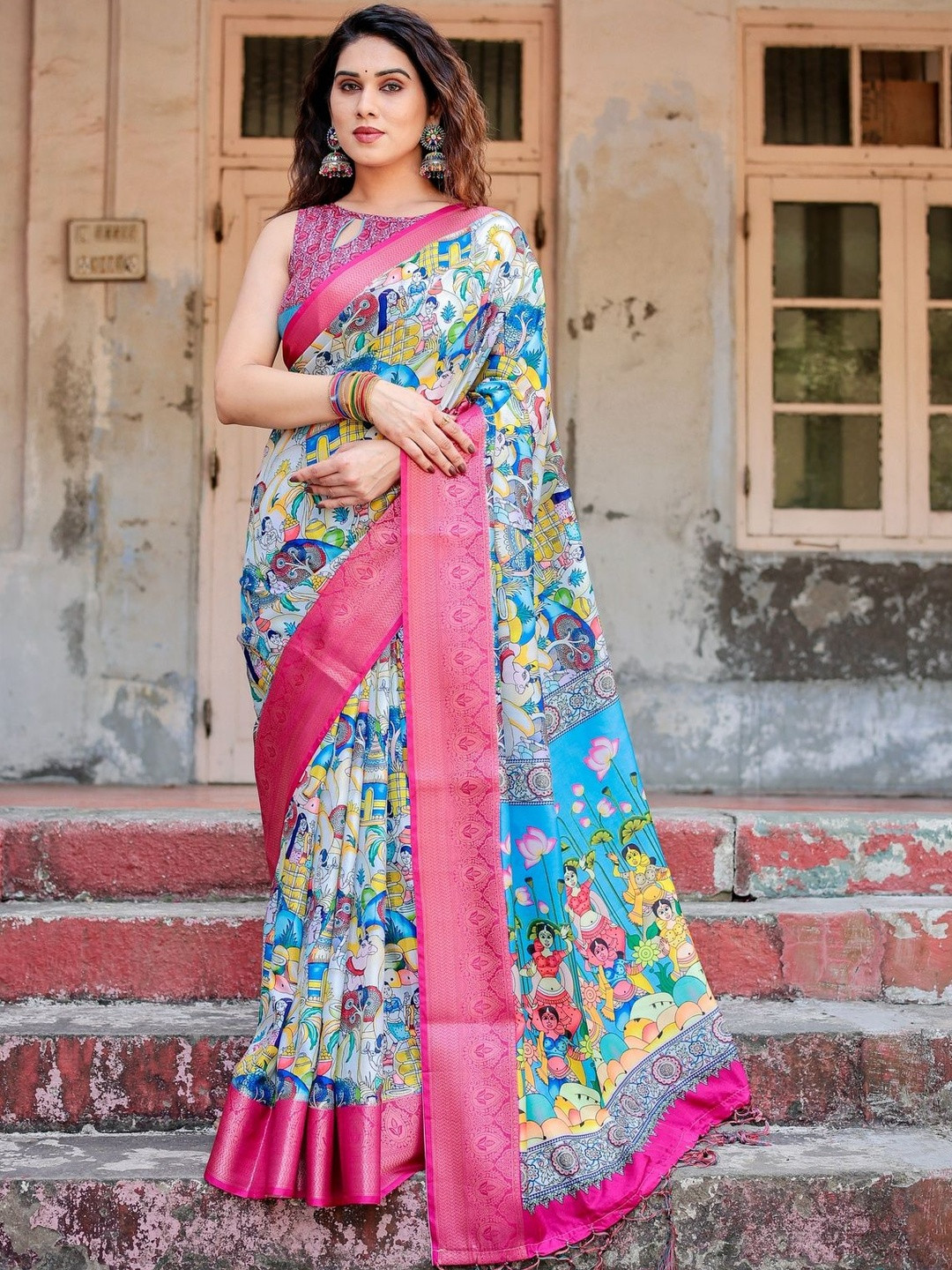 ALMAARI FASHION Ethnic Motifs Printed Tussar Silk Banarasi Saree