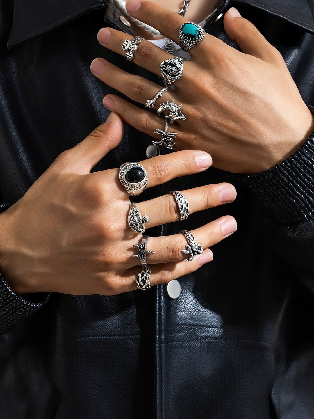 StyleCast x Revolte Men Set Of 11 Silver-Plated Stone-Studded Finger Ring