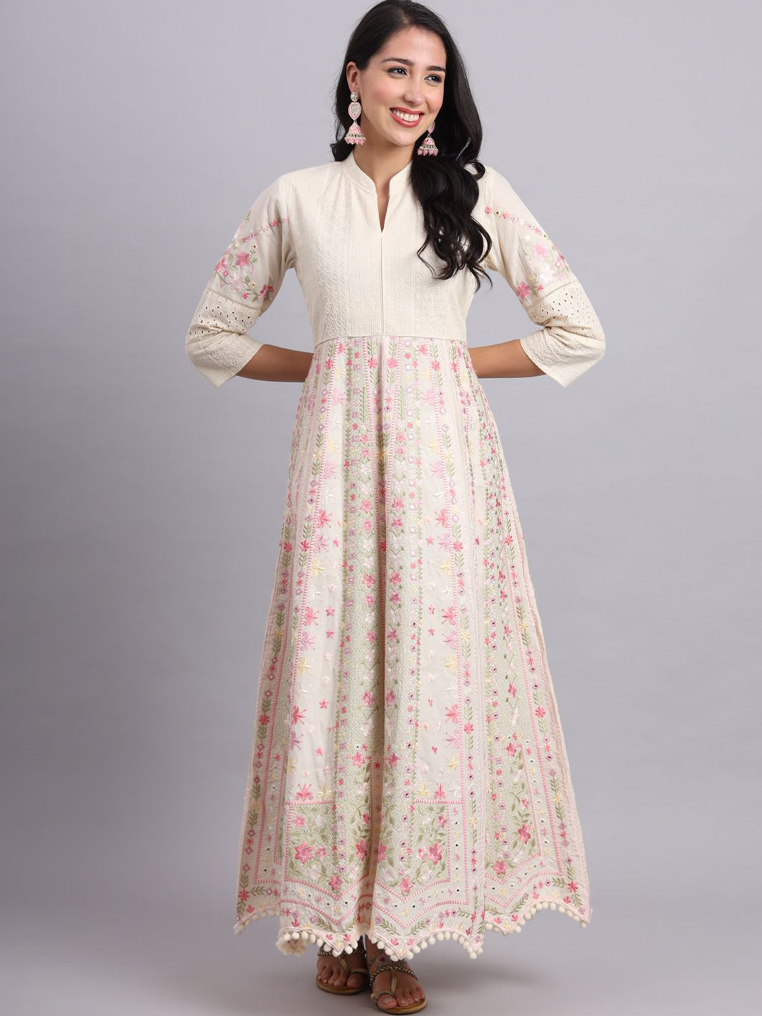 JINESH SHOP Women Floral Embroidered Chikankari Indie Florals Anarkali Kurta