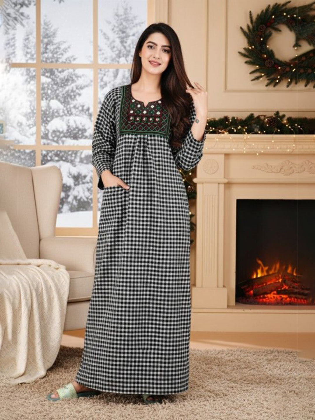 MAYA PRINT Women Checked Embroidered Woolen Maxi Nightdress