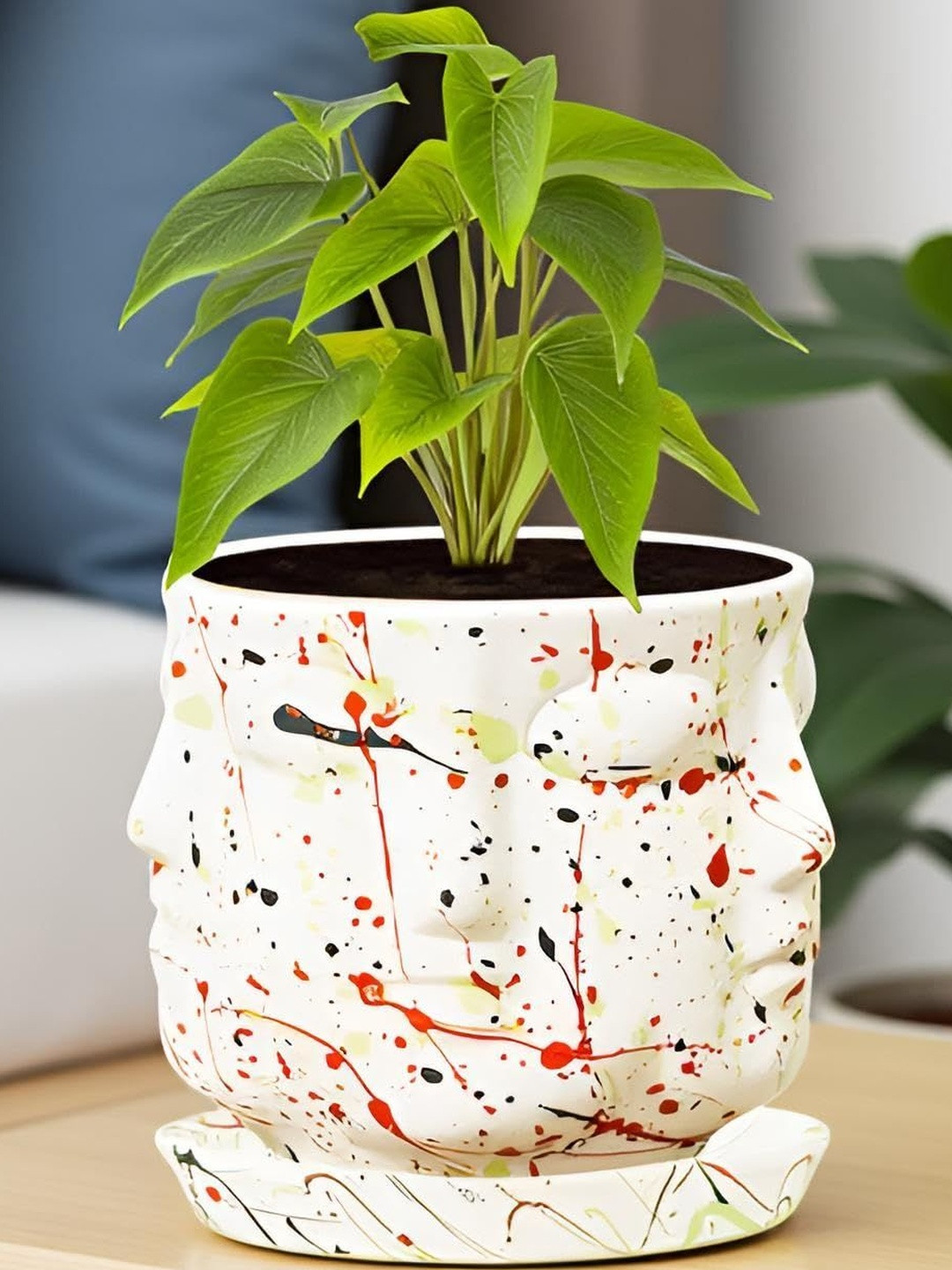 LASAKI Vivan White & Red Printed Ceramic Planter With Plate