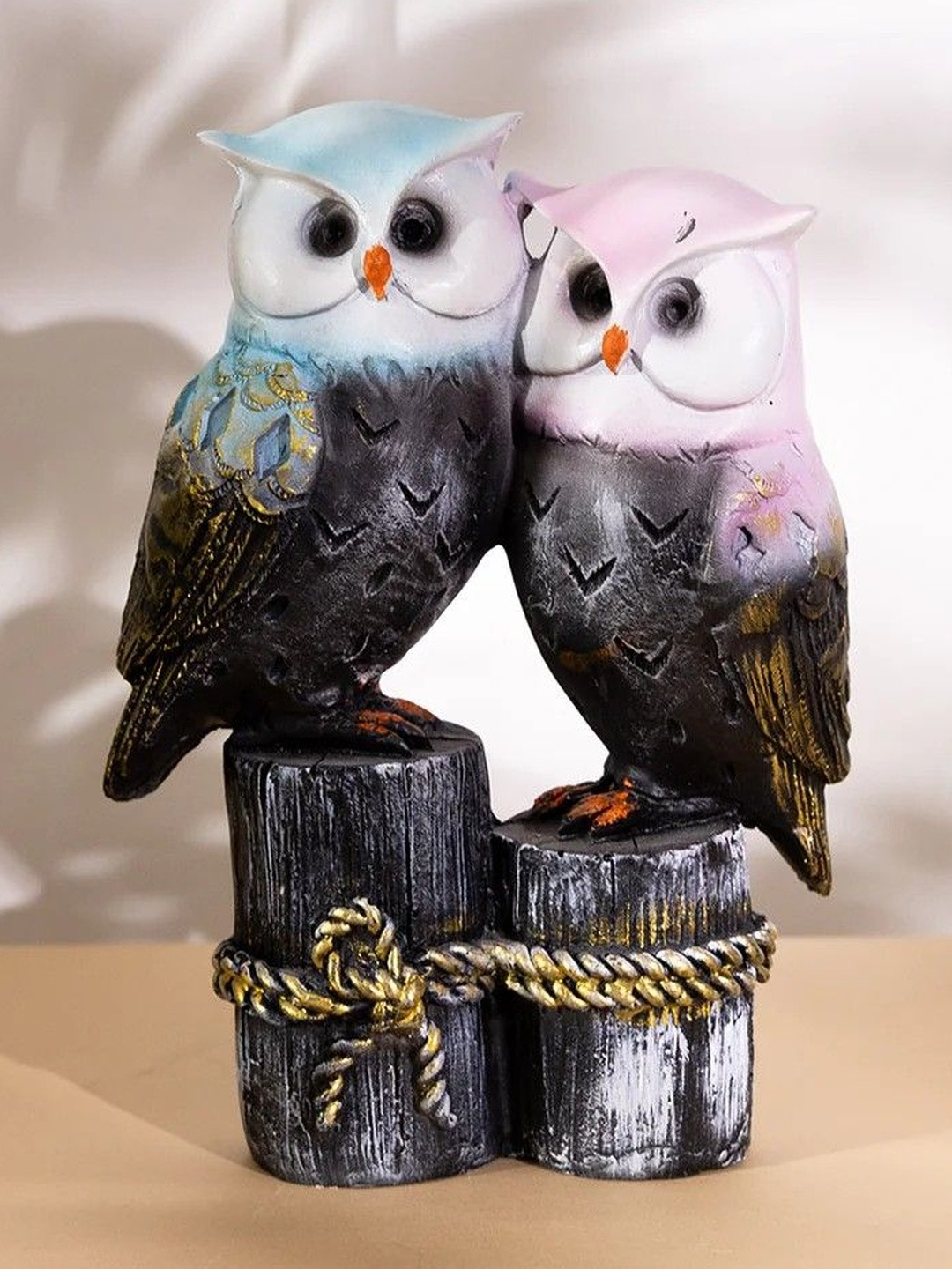 THREADVIBE LIVING Black Pair Of Owl Metallic Living Room Medium Showpiece 7 Inch