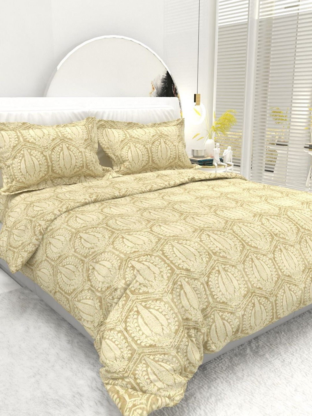 THE WHITE MOSS Cream-Coloured Geometric 220 TC King Bedsheet with 2 Pillow Covers