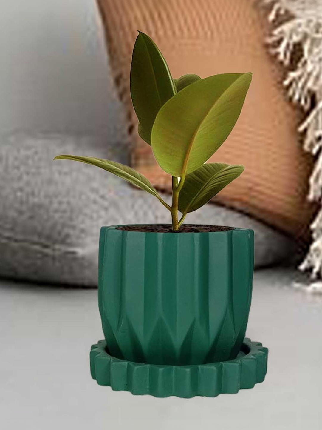 LASAKI Montra Green Textured Ceramic Durable Planter With Plate