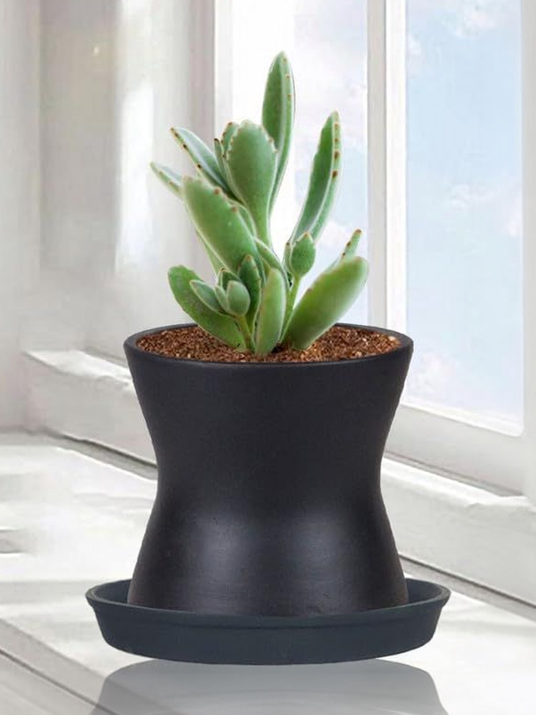 LASAKI Damru Black Textured Ceramic Durable Planter With Plate