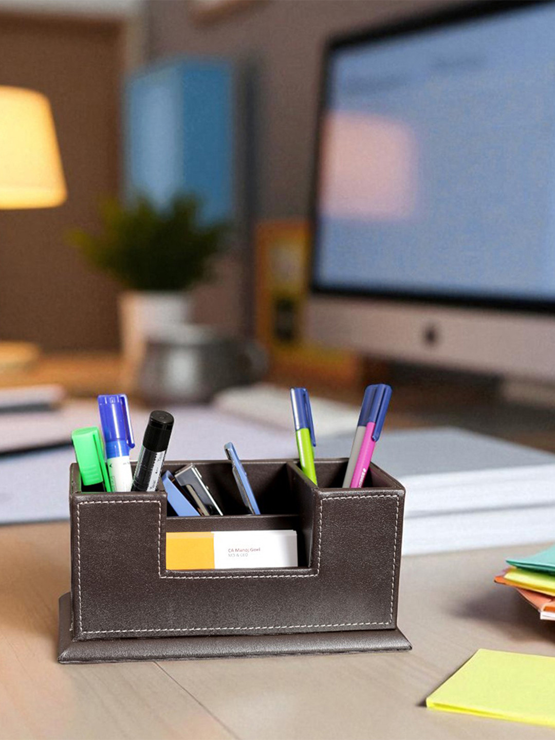 AARVI DECOR STUDIO Brown Faux Leather 4 Compartments Office Tabletop Storage Box