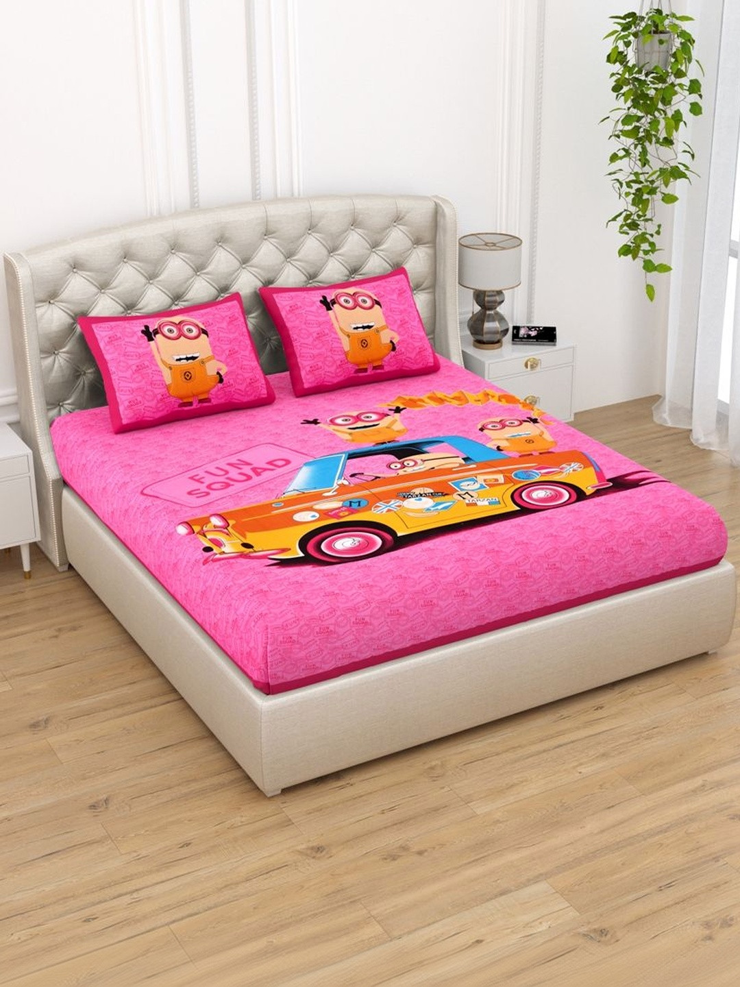 MILAAV Pink Cartoon Characters 144 TC Bedsheet with 2 Pillow Covers