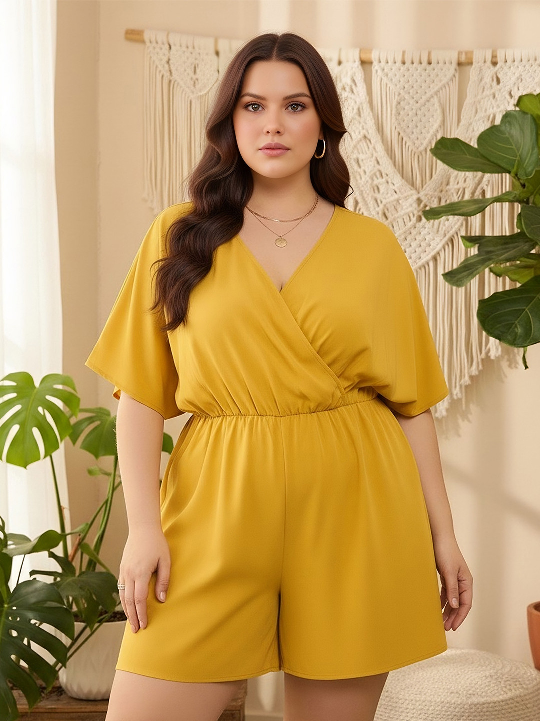 Berrylush Curve Women Plus Size V-Neck Short Sleeve Playsuit