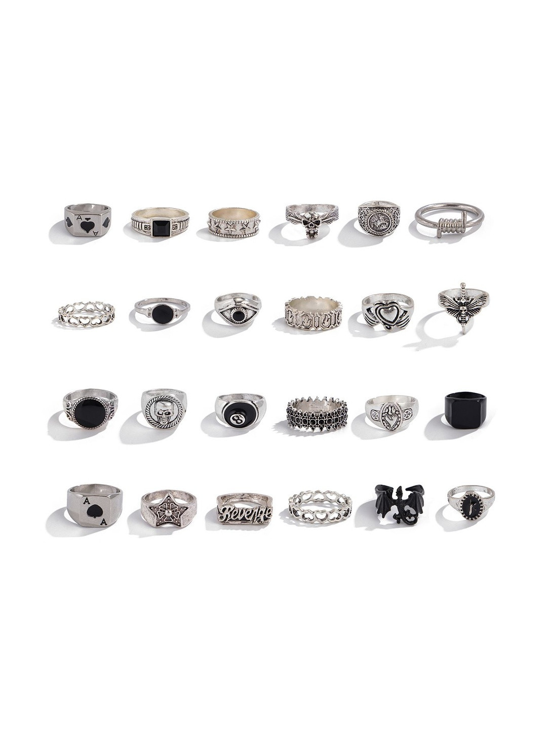 StyleCast x Revolte Men Set Of 24 Silver-Plated Stone-Studded Finger Ring