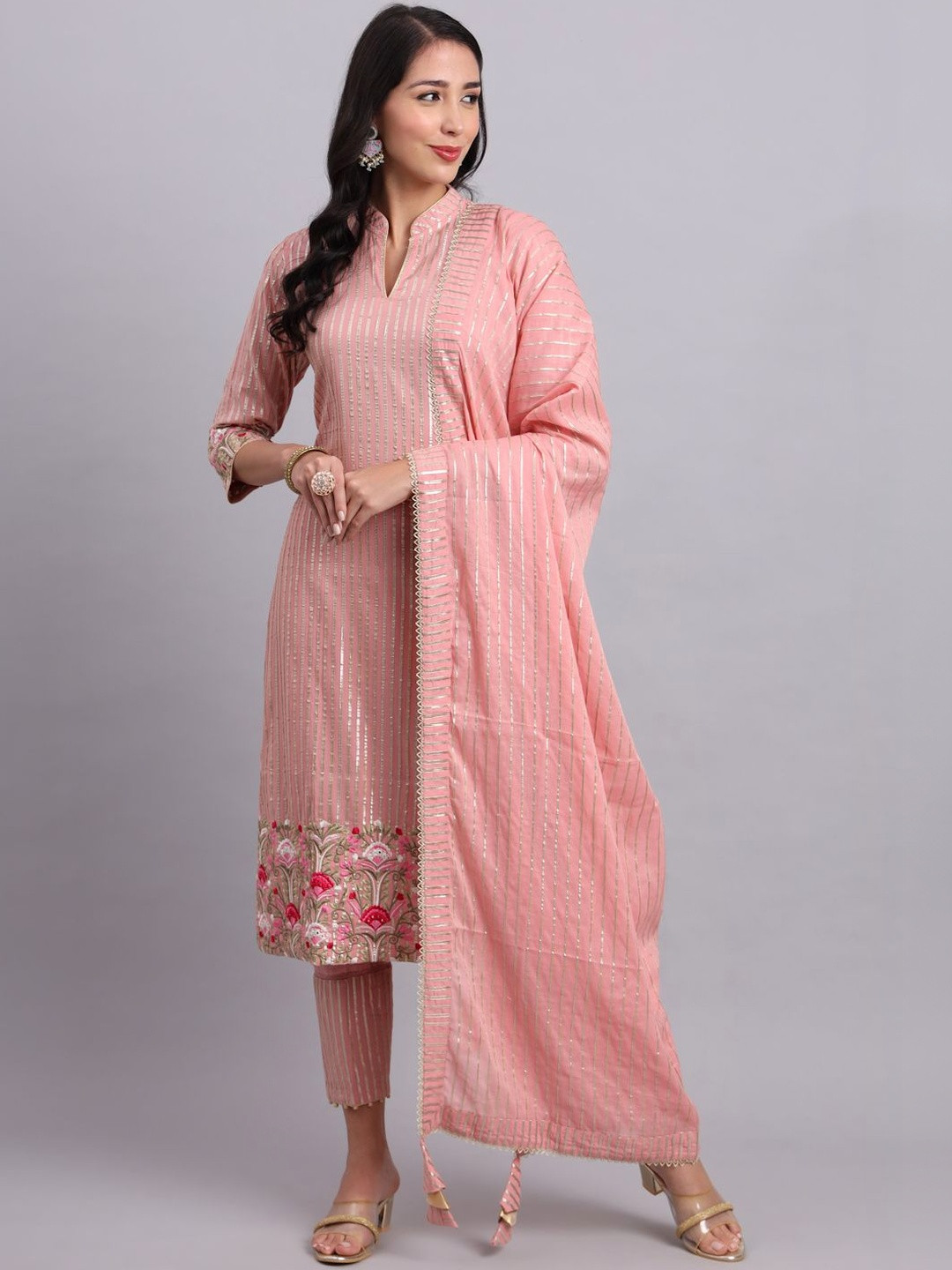 CREPE KI KURTI Women Ethnic Motifs Regular Thread Work Pure Cotton Kurta with Trousers & With Dupatta
