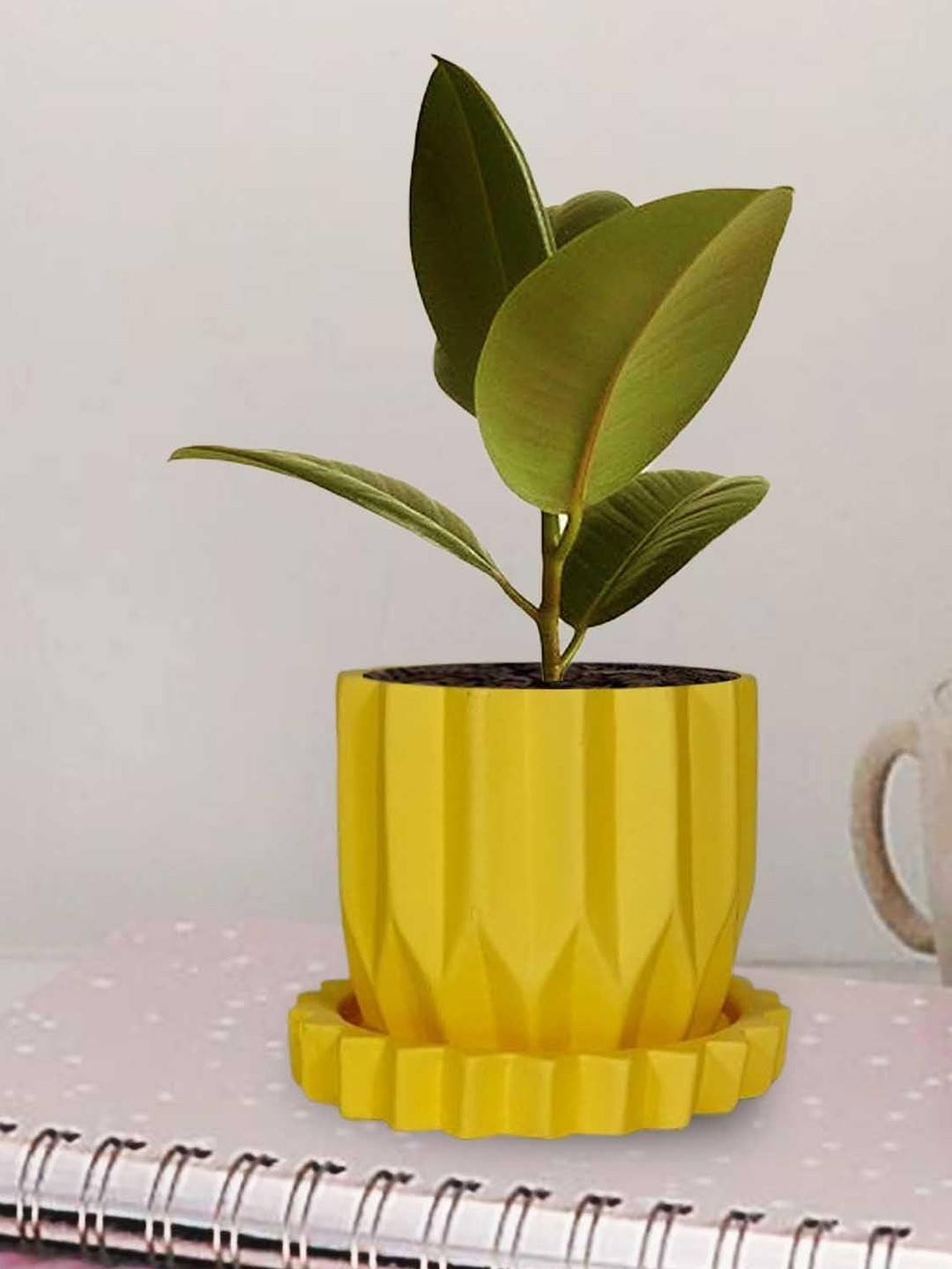 LASAKI Montra Yellow Textured Ceramic Planter With Plate