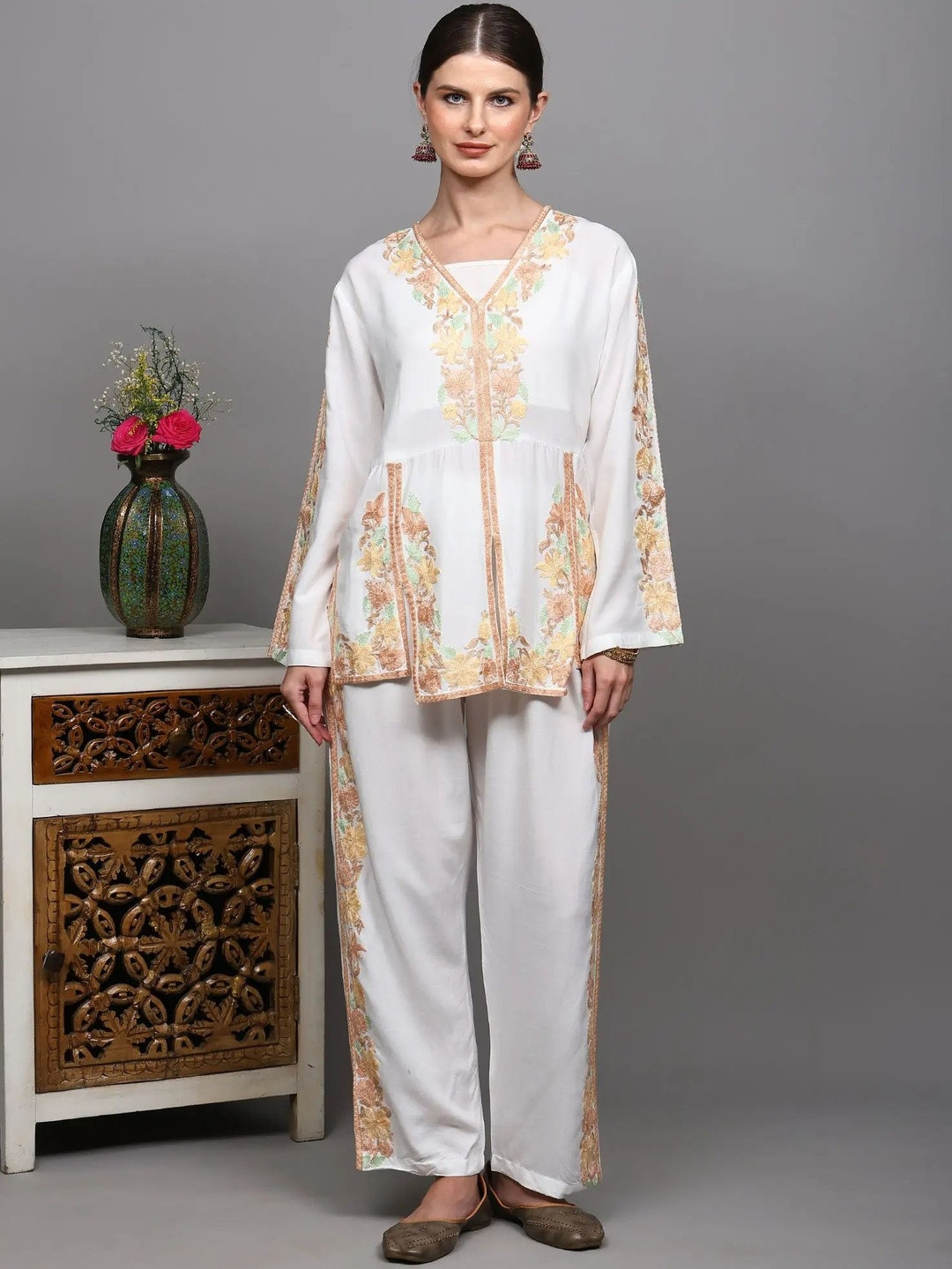 Exotic India Embroidered V Neck Top With Trouser Co-Ords