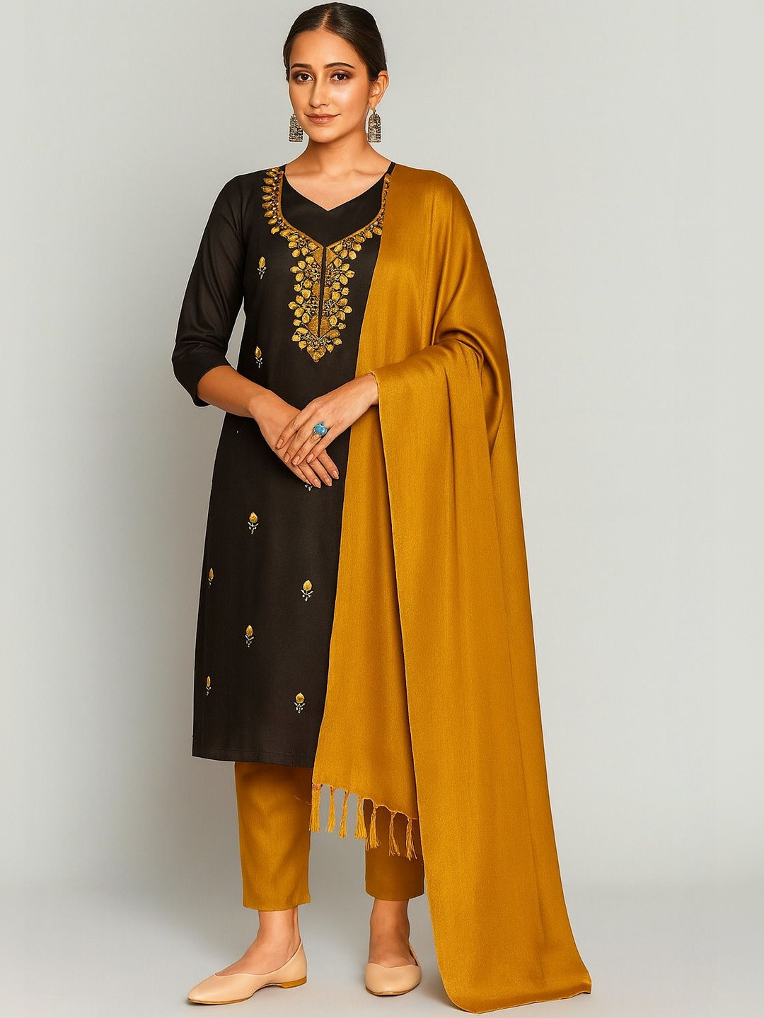 Vrinde Woolen Embroidered Salwar Suit & Stole Unstitched Winter Dress Material