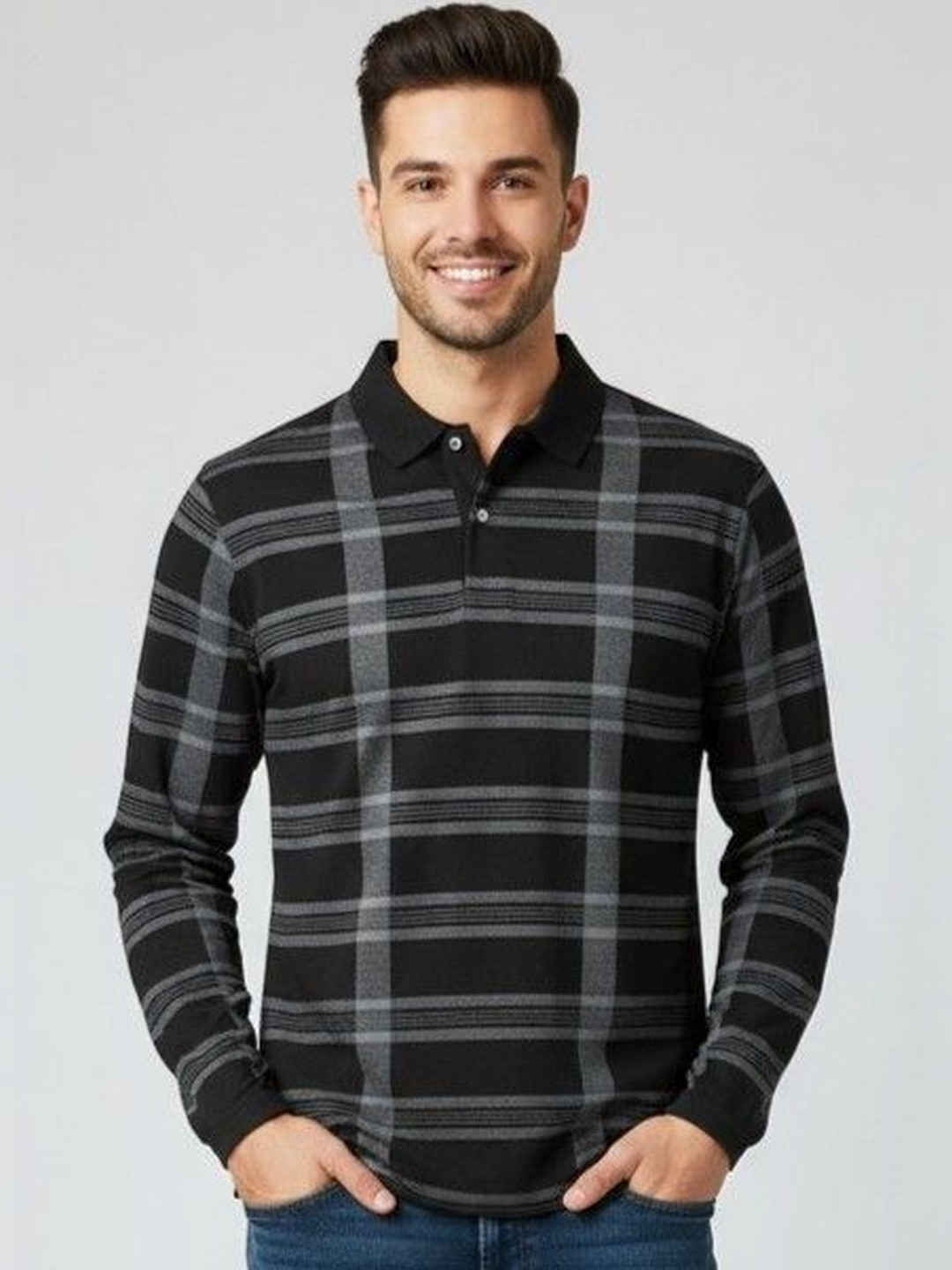 AUTNA Men Black Checked Polo Collar T-shirt