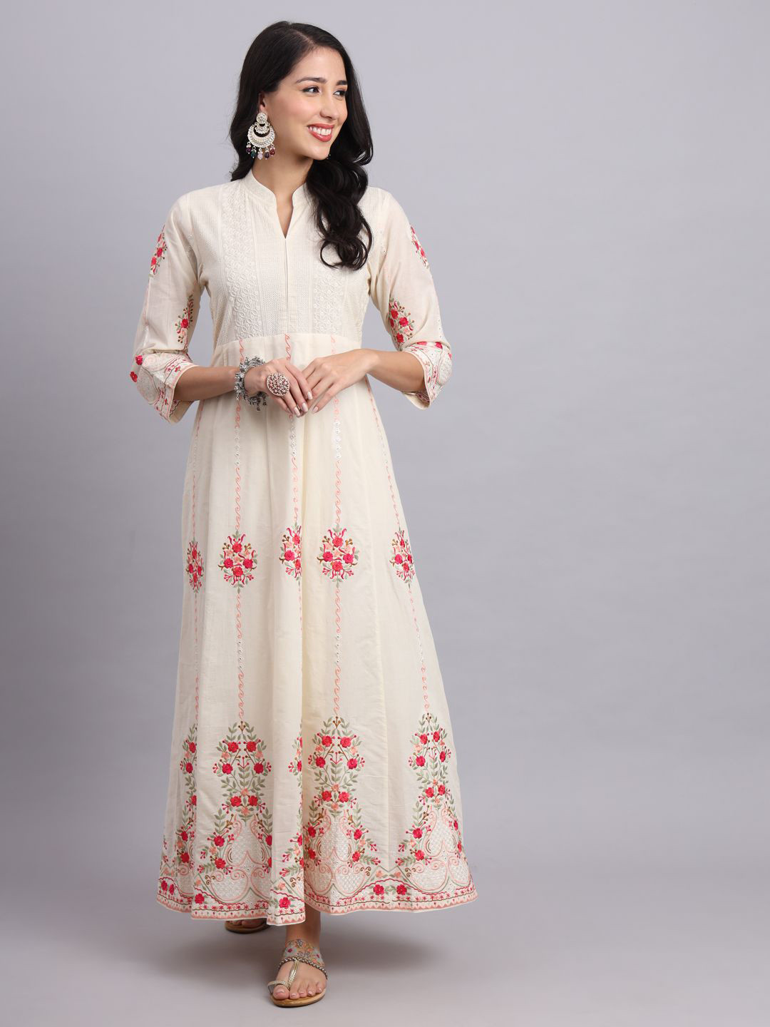 OOPL Women Floral Embroidered Chikankari White Romance Anarkali Kurta