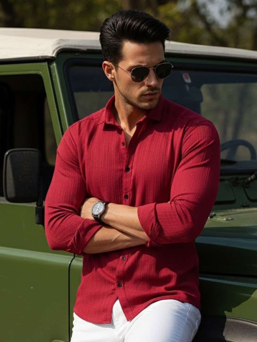 BADLAND Classic Textured Spread Collar Roll-Up Sleeves Casual Shirt