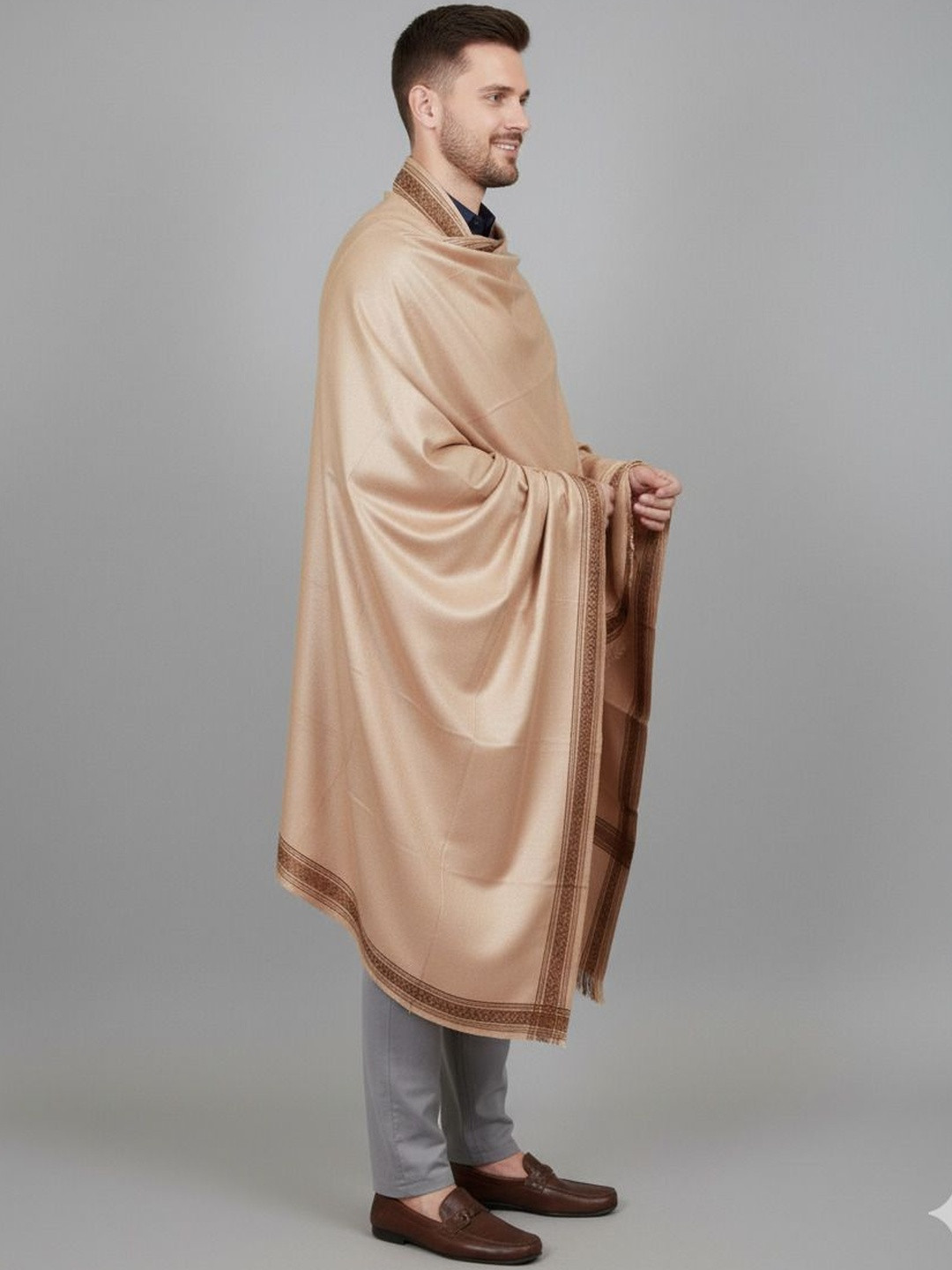 KAVIM Striped Woven Design Pure Wool Shawl