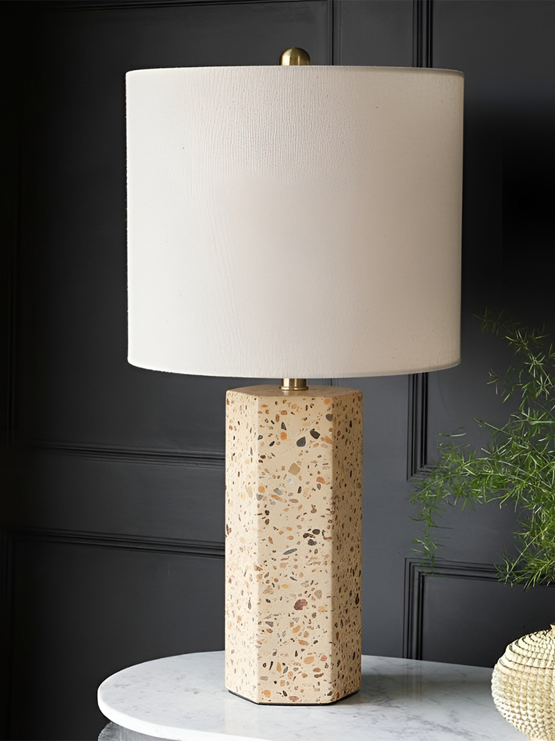 AARVI DECOR STUDIO Gold Toned And Off White Adjustable Cylindrical Shaped Table Lamp