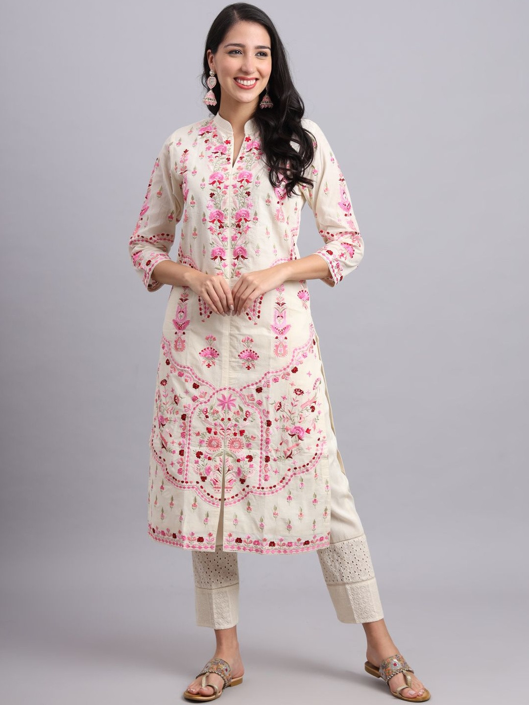 HIRATEX Women Floral Embroidered Regular Thread Work Pure Cotton Kurta with Trousers