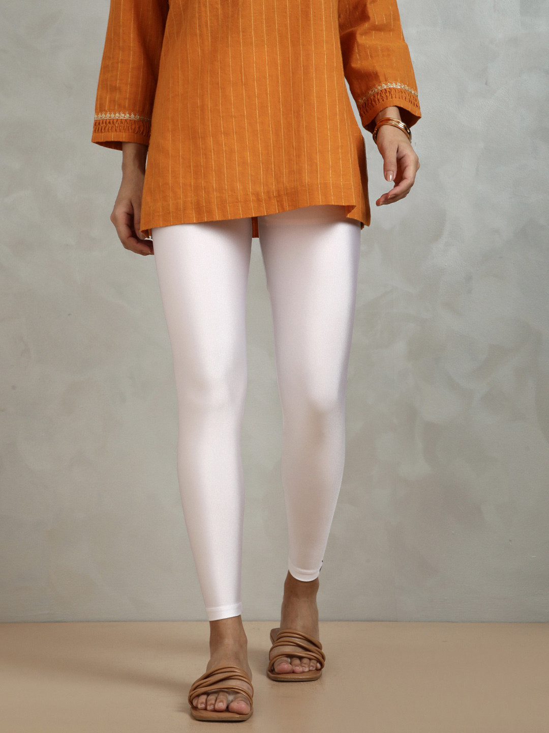 TWIN BIRDS Women Nylon Solid White Shimmer Legging