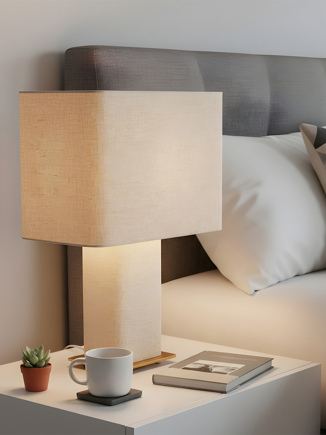 AARVI DECOR STUDIO Beige Adjustable Square Shaped Wooden Table Lamp