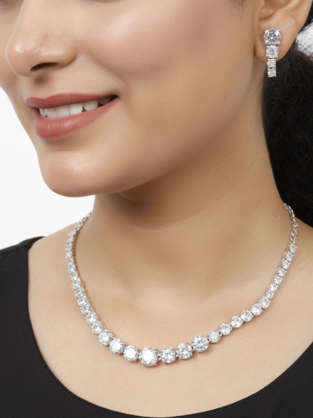 VIVAZS Rhodium-Plated Cubic Zirconia & American Diamond-Studded Jewellery Set