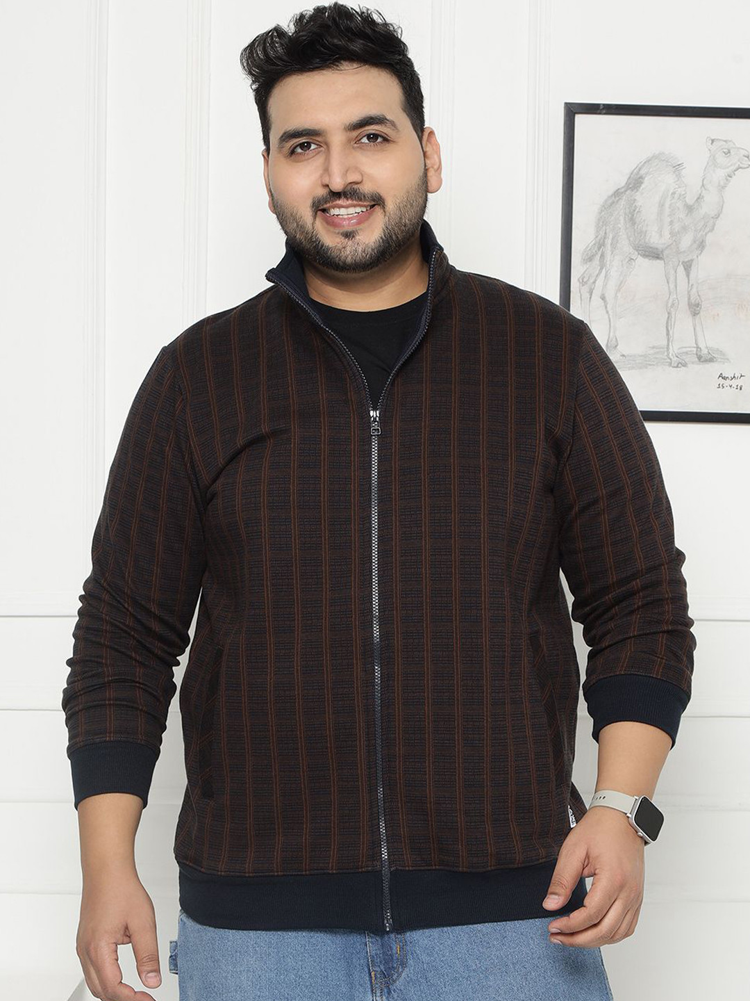 John Pride Plus Size Men Fleece Checked Open Front Sweatshirt