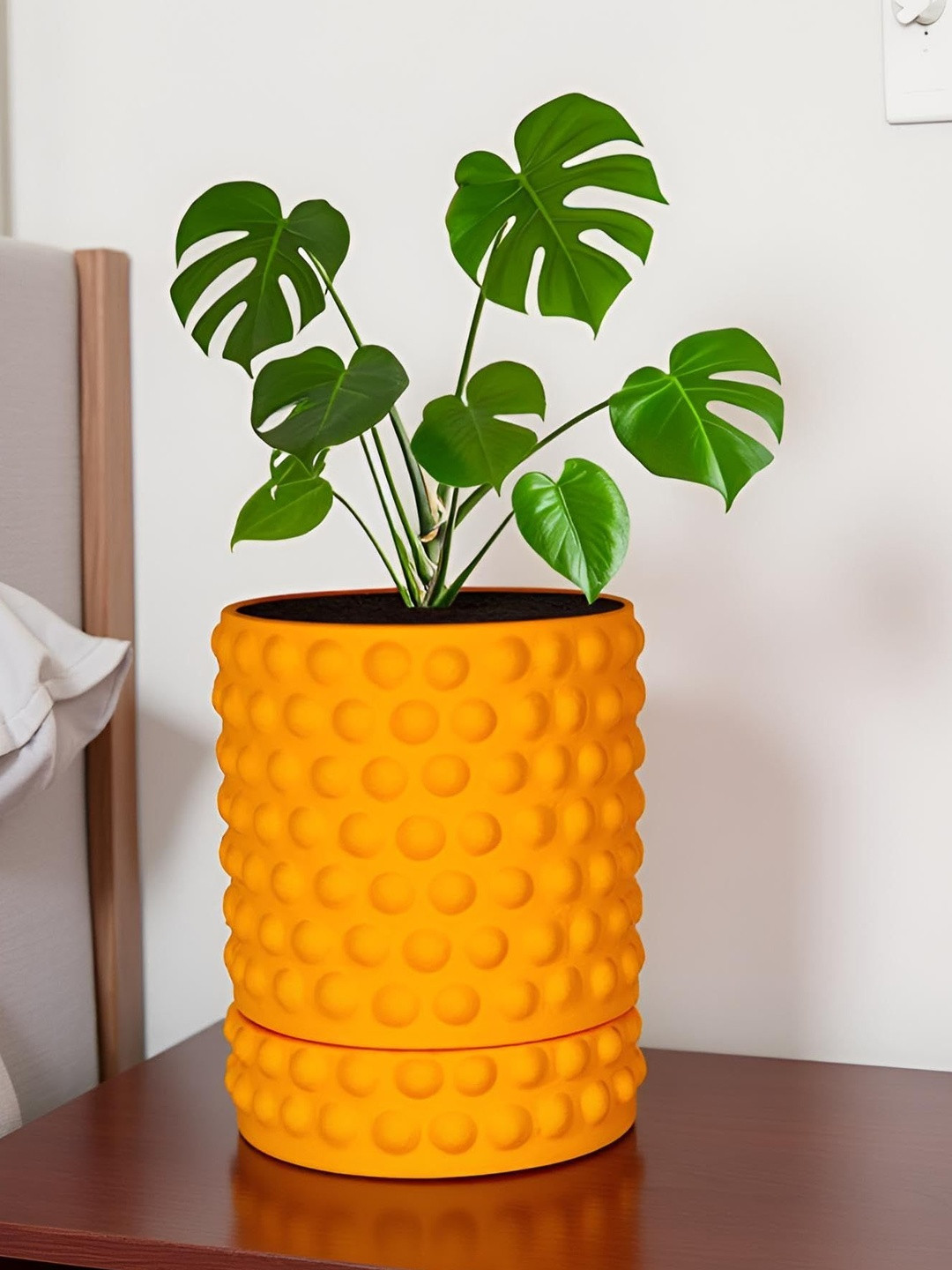 LASAKI Bubble Orange-Colored Ceramic Handmade Planter With Plate