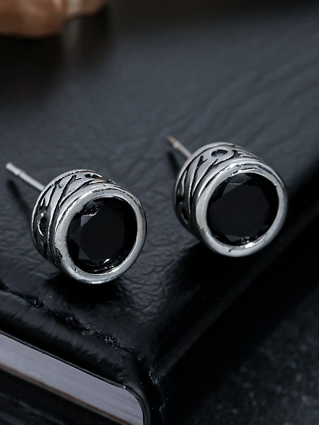 StyleCast x Revolte Men Copper-Plated Zircon Studded Circular Shaped Studs