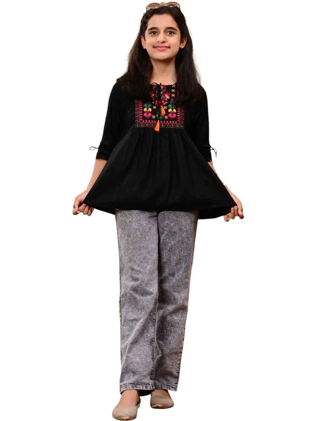 DMP FASHION Floral Embroidered Tie-Up Neck Empire Top