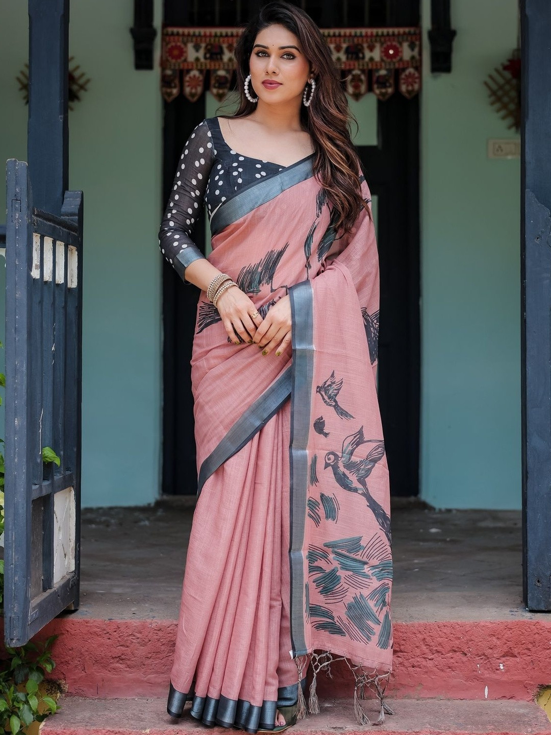 ALMAARI FASHION Birds Printed Zari Pure Linen Banarasi Saree With Unstitched Blouse Piece