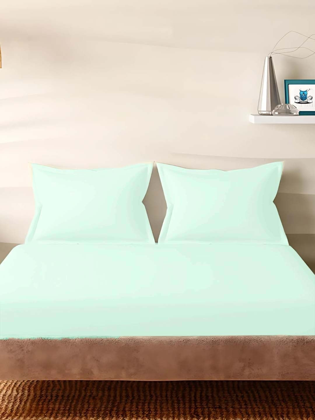 Sleeping Owls Sea Green 210 TC Bedsheet with 2 Pillow Covers