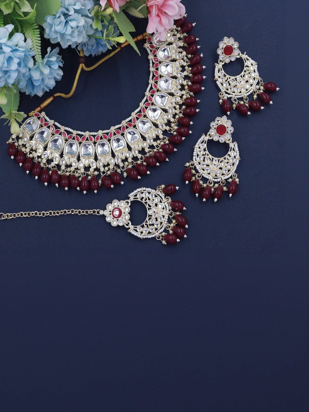Women Click Gold-Plated Stone-Studded Necklace with Earrings & Maang Tika Set