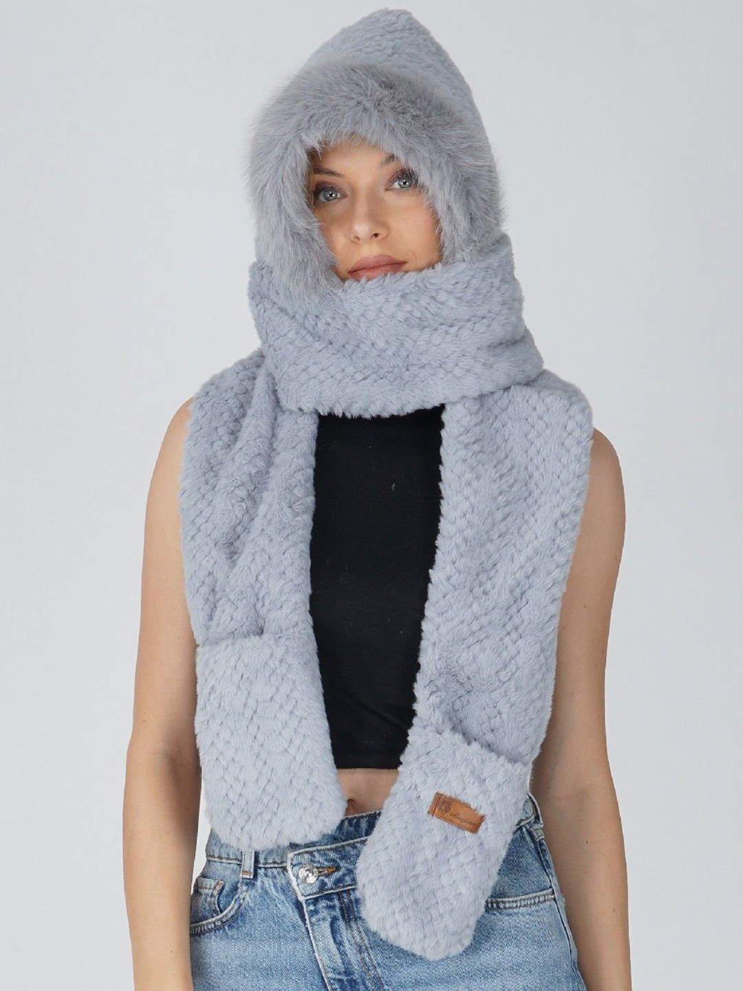 Poftik Women Self Design 3 in 1 Scarf Gloves Beanie Woolen Cap