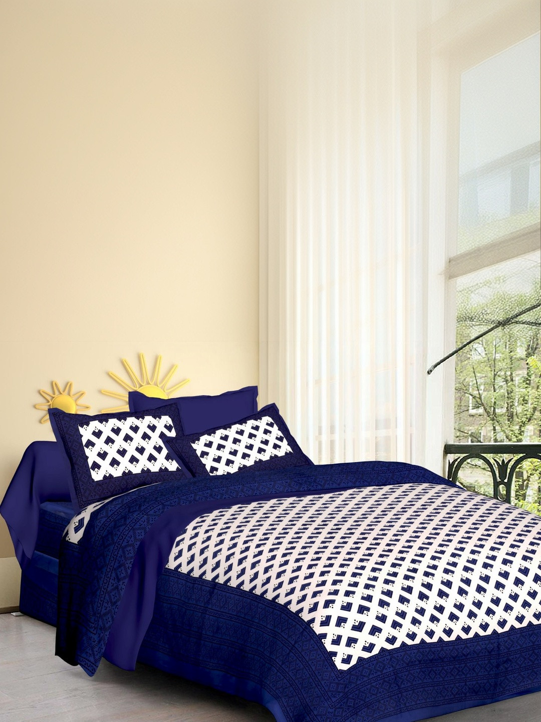 MILAAV Navy Blue Geometric 144 TC Bedsheet with 2 Pillow Covers