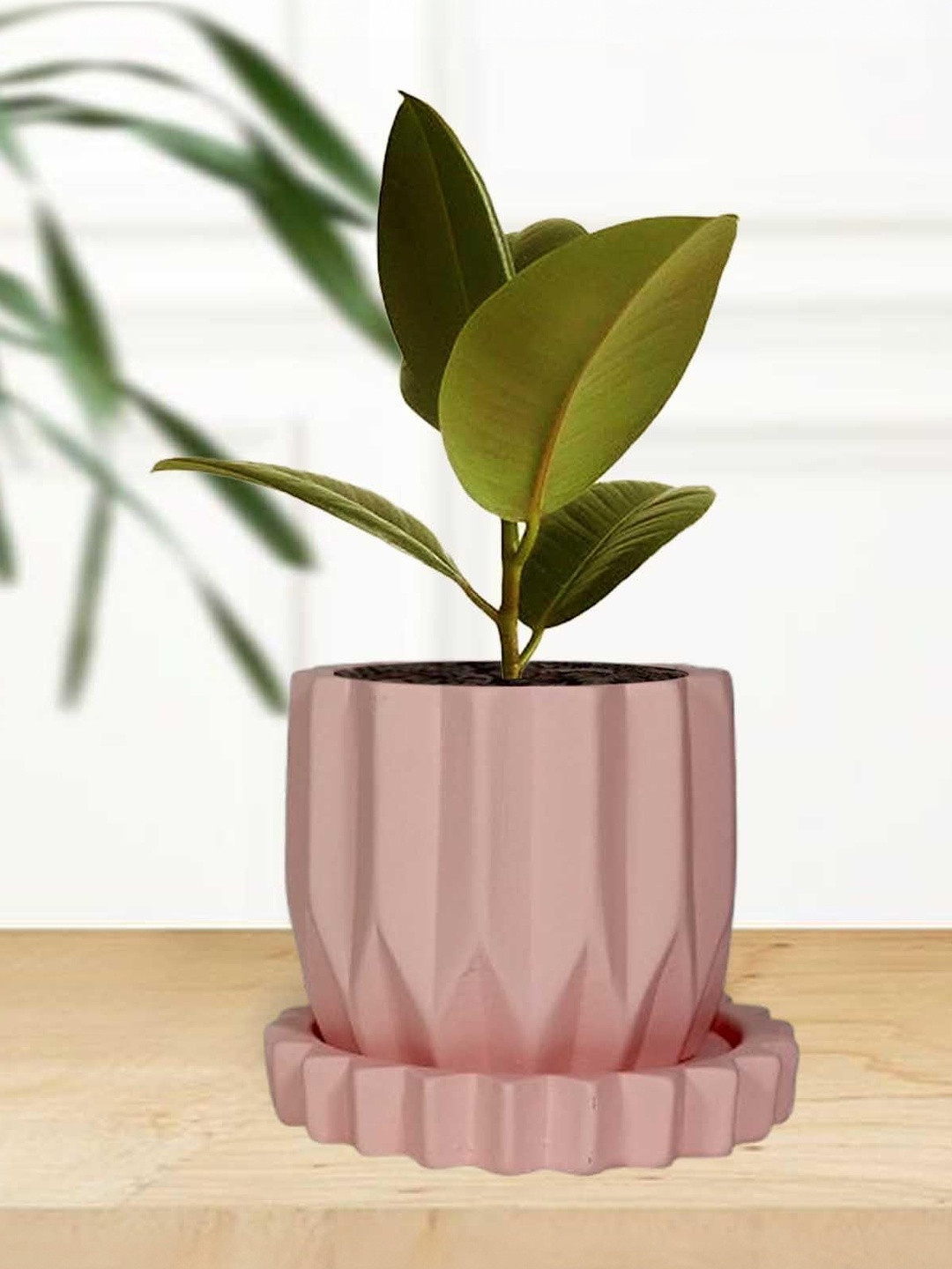 LASAKI Montra Pink Textured Ceramic Durable Planter With Plate
