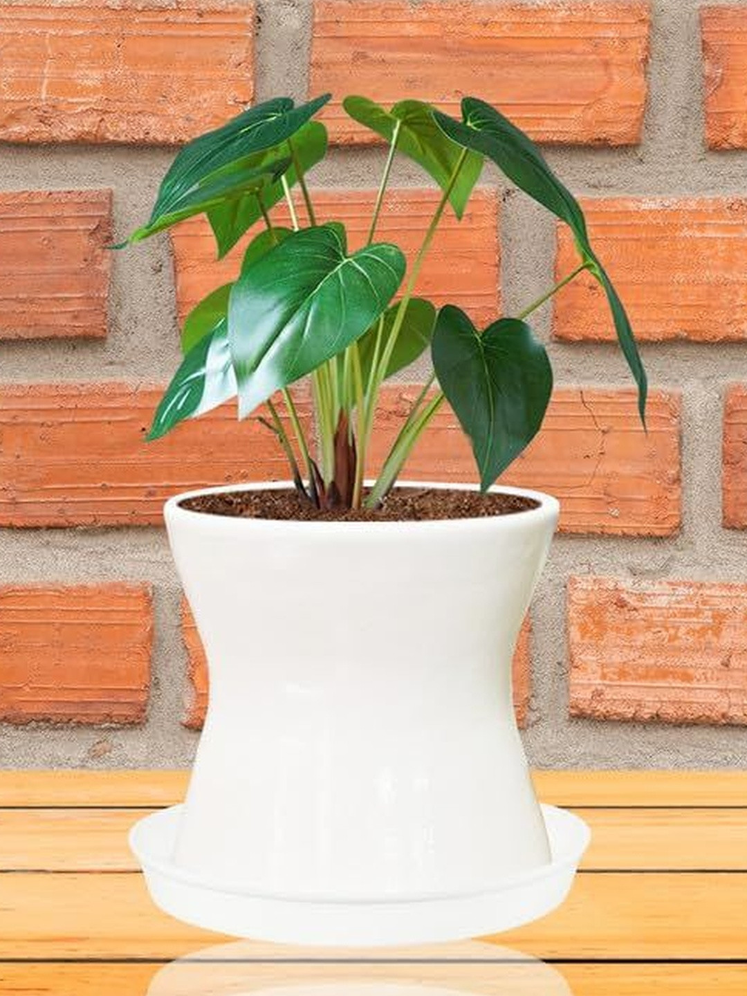 LASAKI Damru White Textured Ceramic Durable Planter With Plate