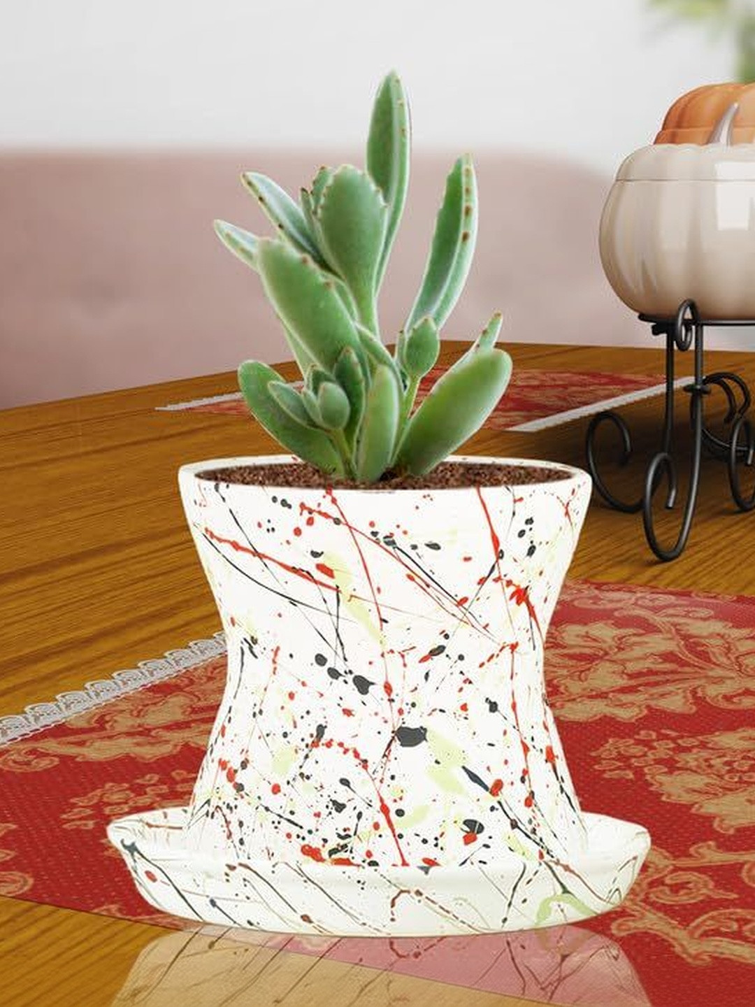 LASAKI Damru White & Blue Ceramic Printed Durable Planter With Plate