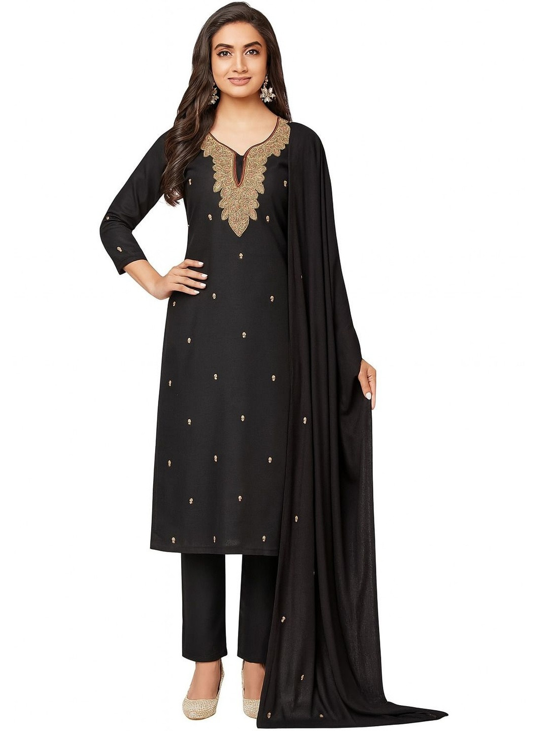 Vrinde Woolen Embroidered Salwar Suit & Stole Unstitched Winter Dress Material
