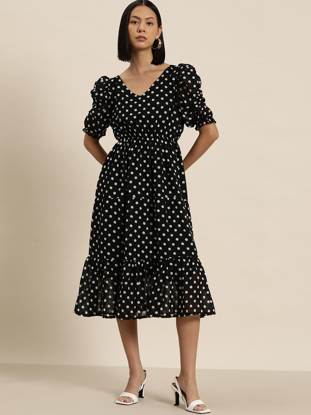 all about you Polka Dot Print Puff Sleeve Georgette A-Line Midi Dress