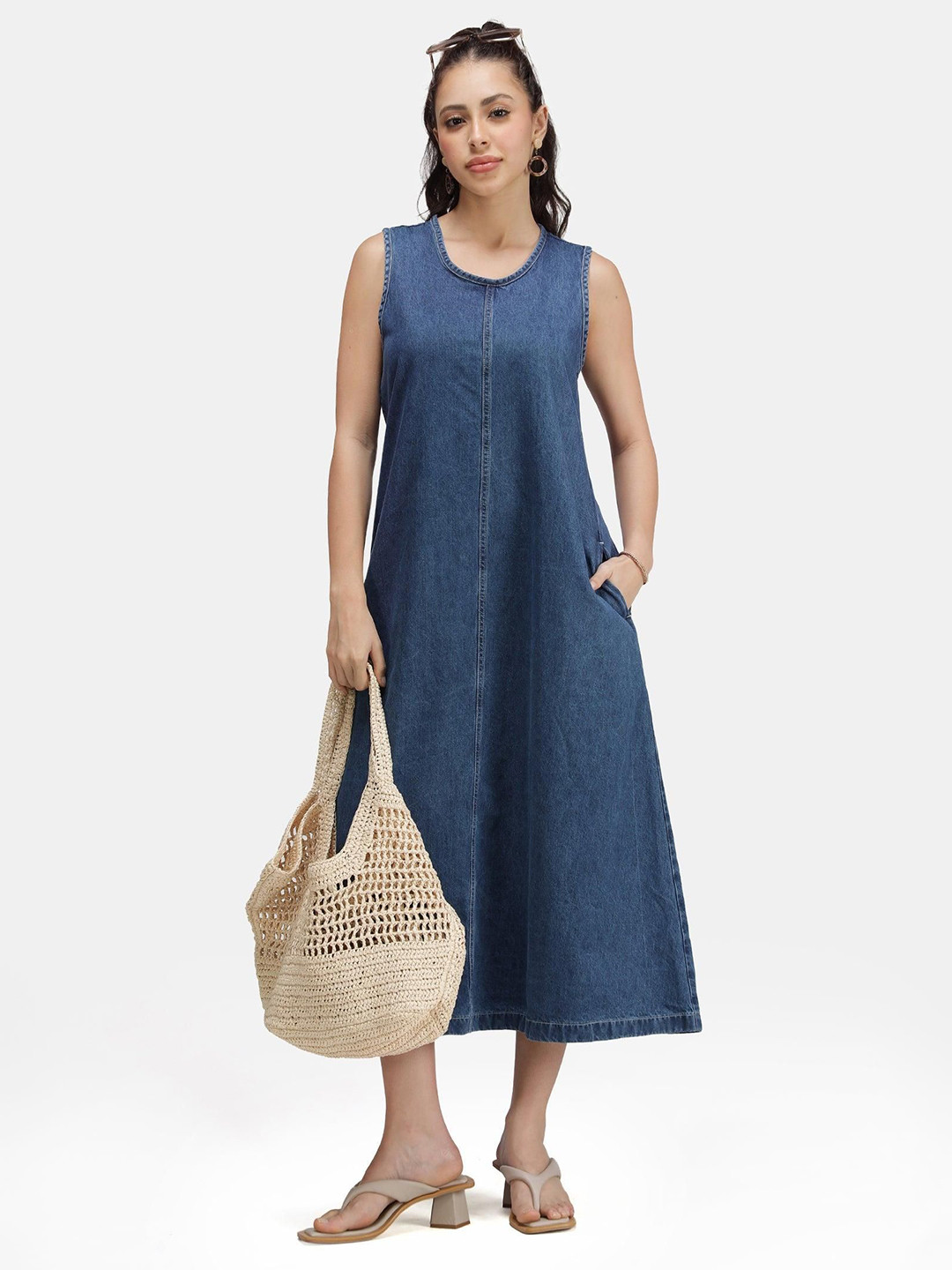 Virgio Women Solid Cotton Denim Round Neck A-Line Midi Dress