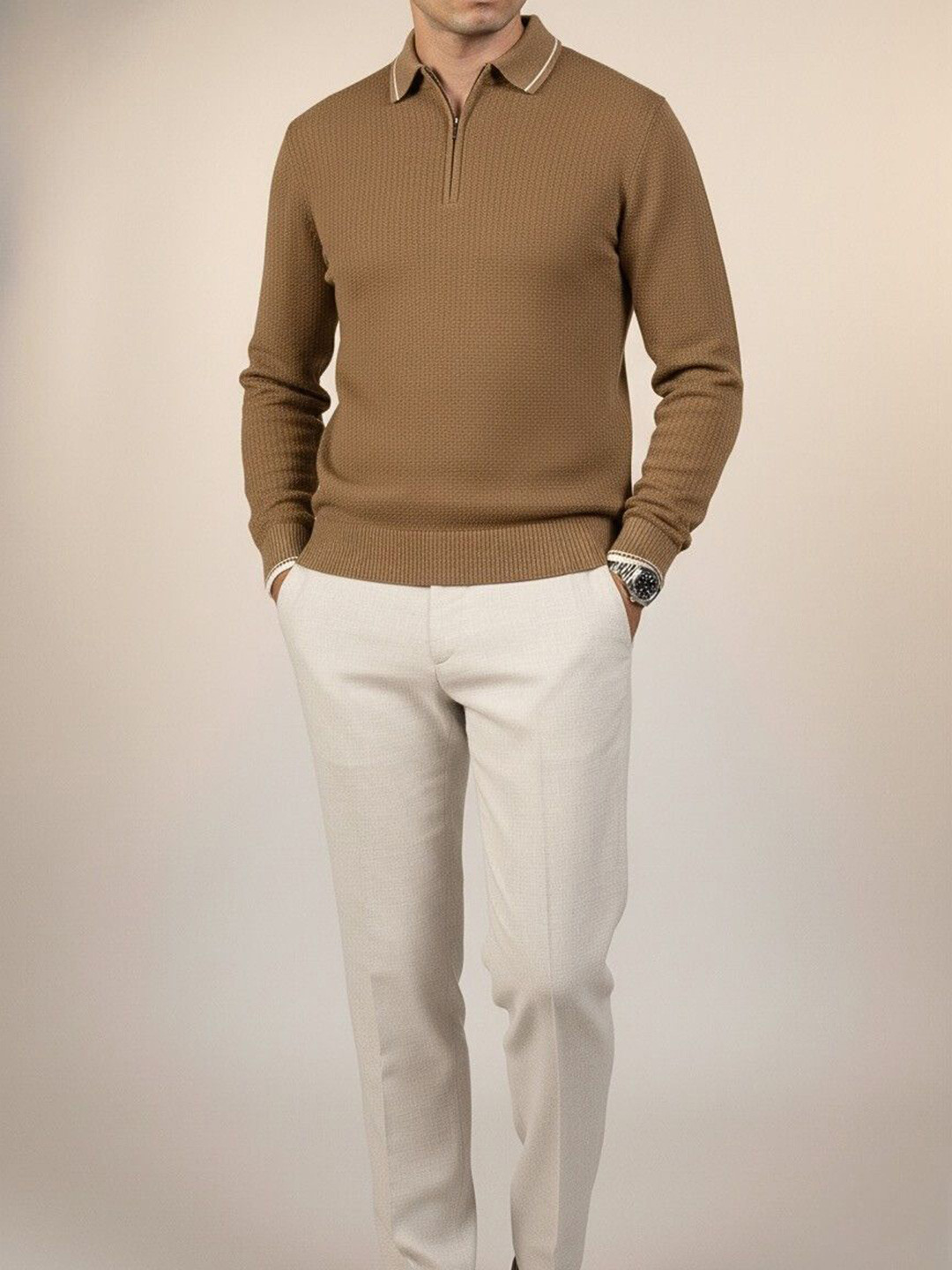 DELAN Self Design Polo Neck Pullover Sweater