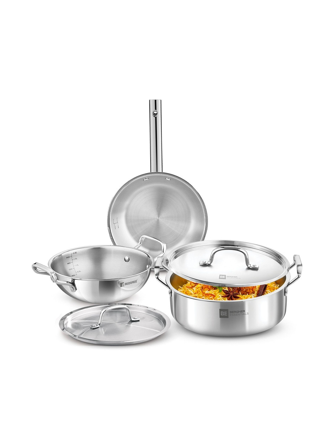 BERGNER Set of 5 Silver-Toned Dishwasher Safe Tri-Ply Stainless Steel Cookware